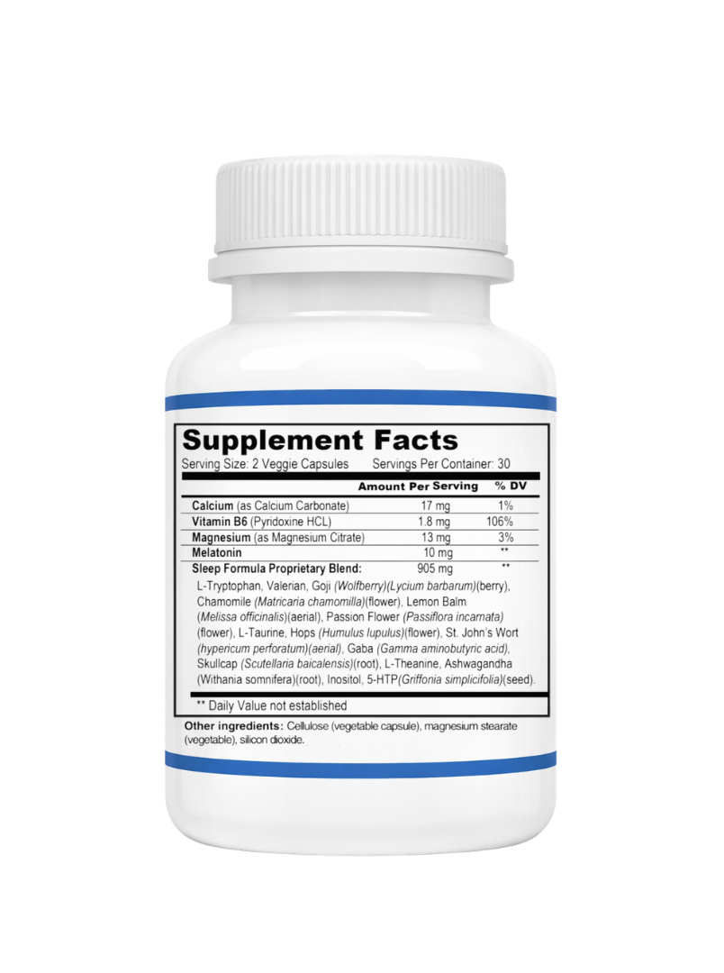 Supplement facts for Sleep Support supplement on a white bottle with blue lines on a white background