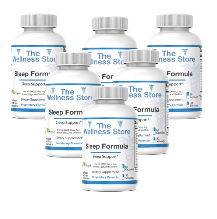 Six bottles of The Wellness Store Sleep Supplements on a white background