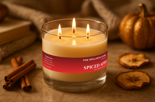 Spiced apple candle with cinnamon sticks and dried apples on a wooden surface