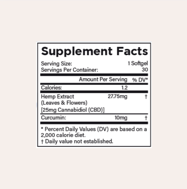 Supplement facts label with CBD and Curcumin content on a light pink background