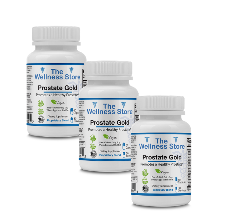 Three bottles of Prostate Gold from The Wellness Store on a white background