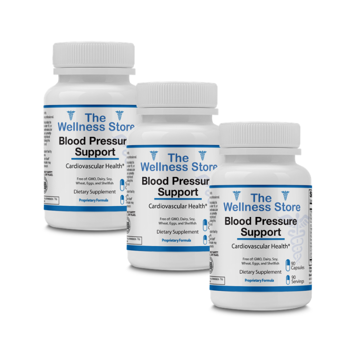 Three bottles of 'The Wellness Store Blood Pressure Support' on a white background