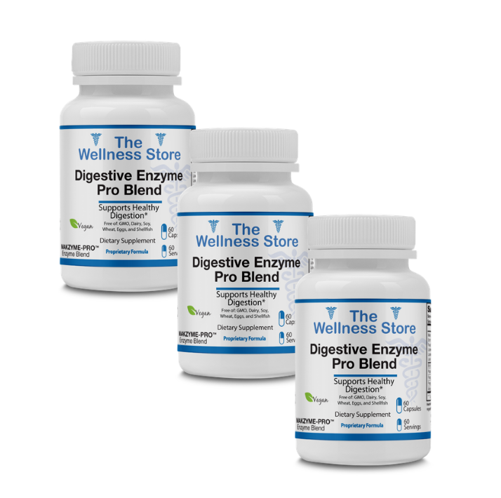 Three bottles of The Wellness Store Digestive Enzyme Pro Blend on a white background