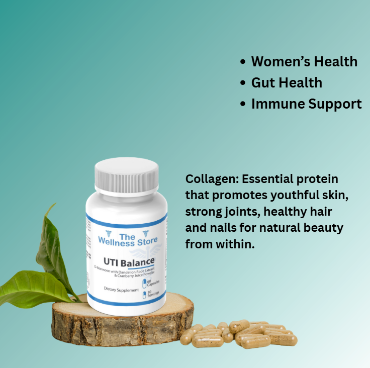 Supplement bottle labeled 'UTI Balance' from 'The Wellness Store' on a wooden block with text about health benefits on a teal background.