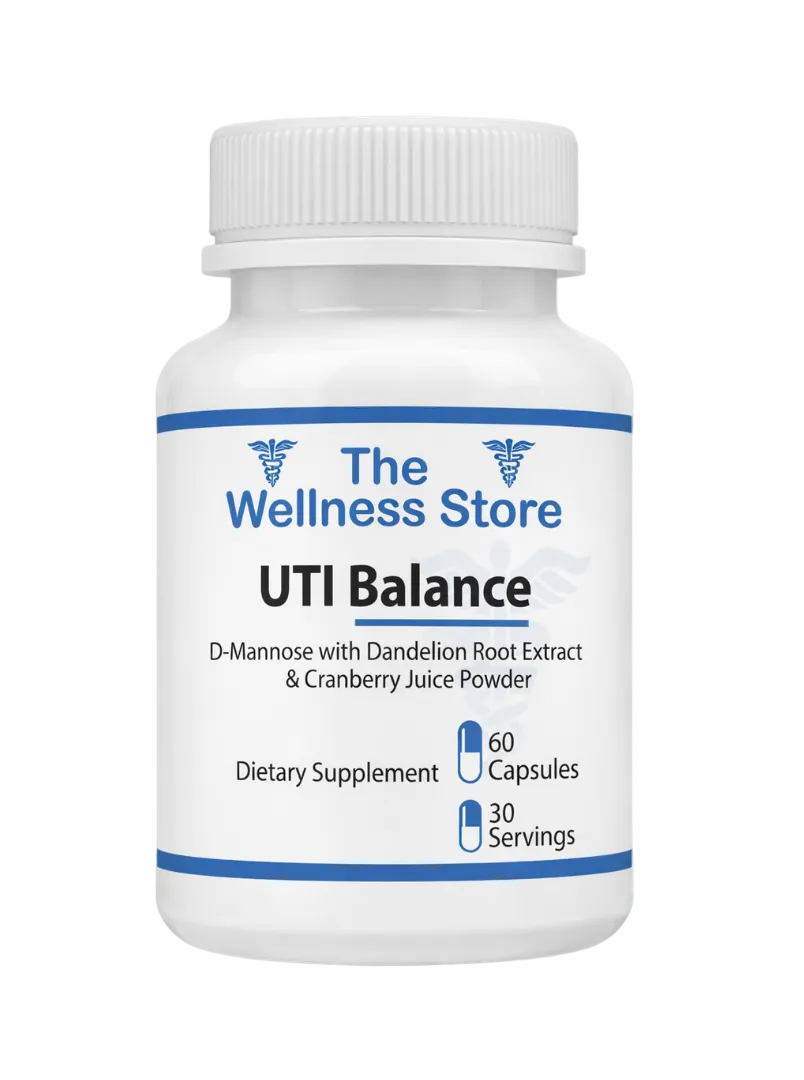 Supplement bottle labeled 'UTI Balance' from The Wellness Store on a white background