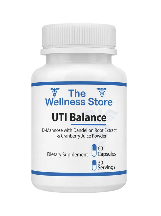 Supplement bottle labeled 'UTI Balance' from The Wellness Store on a white background