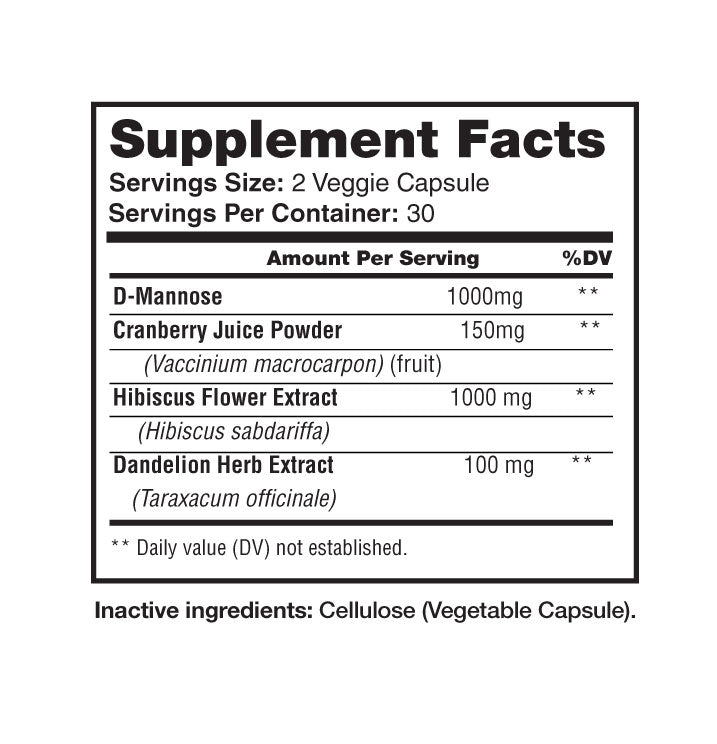 A supplement facts label for UTI Balance showing product details for a veggie capsule blend. The label lists servings size of 2 veggie capsules, 30 per container, and ingredients including D-Mannose, Cranberry Juice Powder, Hibiscus Flower Extract, and Dandelion Herb Extract, with a note below that cellulose is an inactive ingredient.