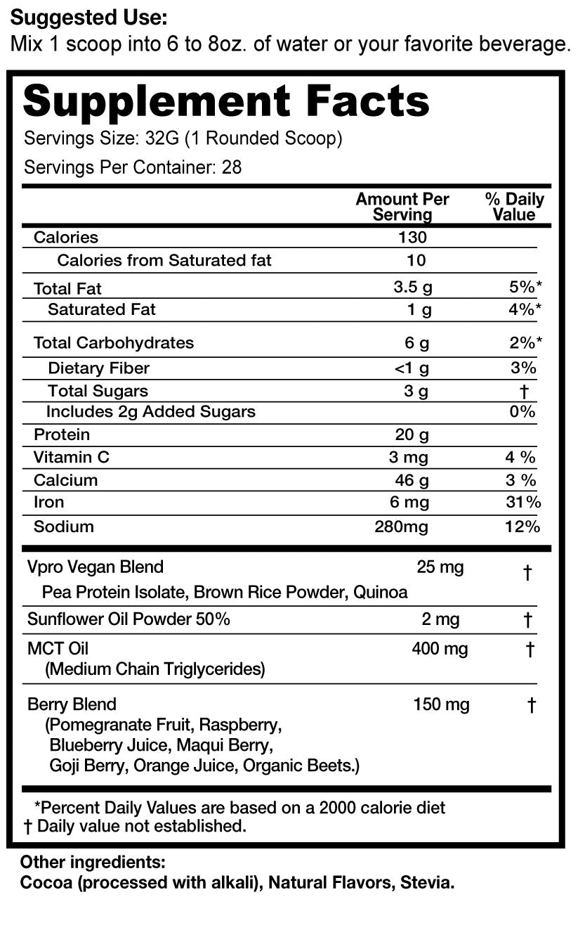 A black and white Supplement Facts label for Chocolate Vegan Protein Powder showing nutritional information for Vpro Vegan Blend, including calories, fat, carbohydrates, protein, vitamins, and oil amounts with a suggested use of 1 scoop into 6 to 8 oz. of water.