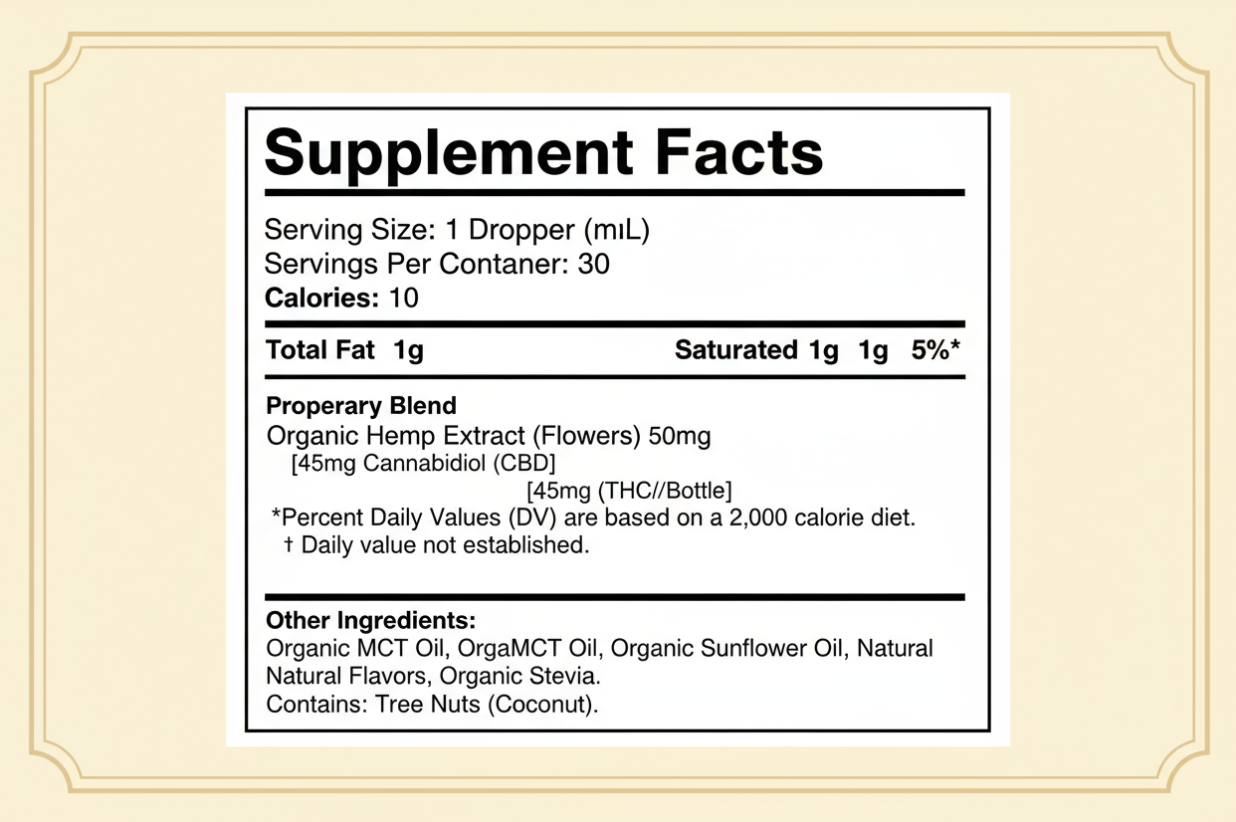 Vanilla 1500mg Full Spectrum CBD Oil Supplement Facts - 45mg CBD per serving, 30 servings, organic hemp extract with MCT oil