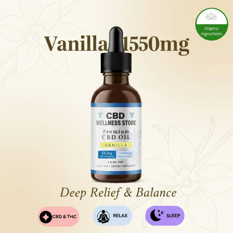 Vanilla 1500mg Full Spectrum CBD Oil bottle with dropper - 50mg CBD per serving, organic ingredients, deep relief and balance for relax and sleep