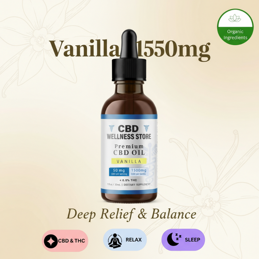 Vanilla 1500mg Full Spectrum CBD Oil bottle with dropper - 50mg CBD per serving, organic ingredients, deep relief and balance for relax and sleep