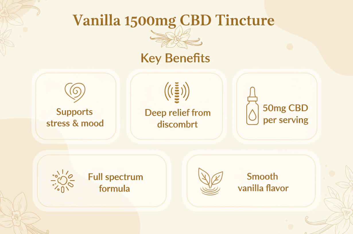 Vanilla 1500mg CBD Tincture key benefits - Supports stress and mood, deep relief from discomfort, 50mg CBD per serving, full spectrum formula with smooth vanilla flavor