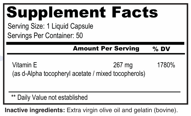 Supplement facts label for a liquid capsule with vitamin E content.