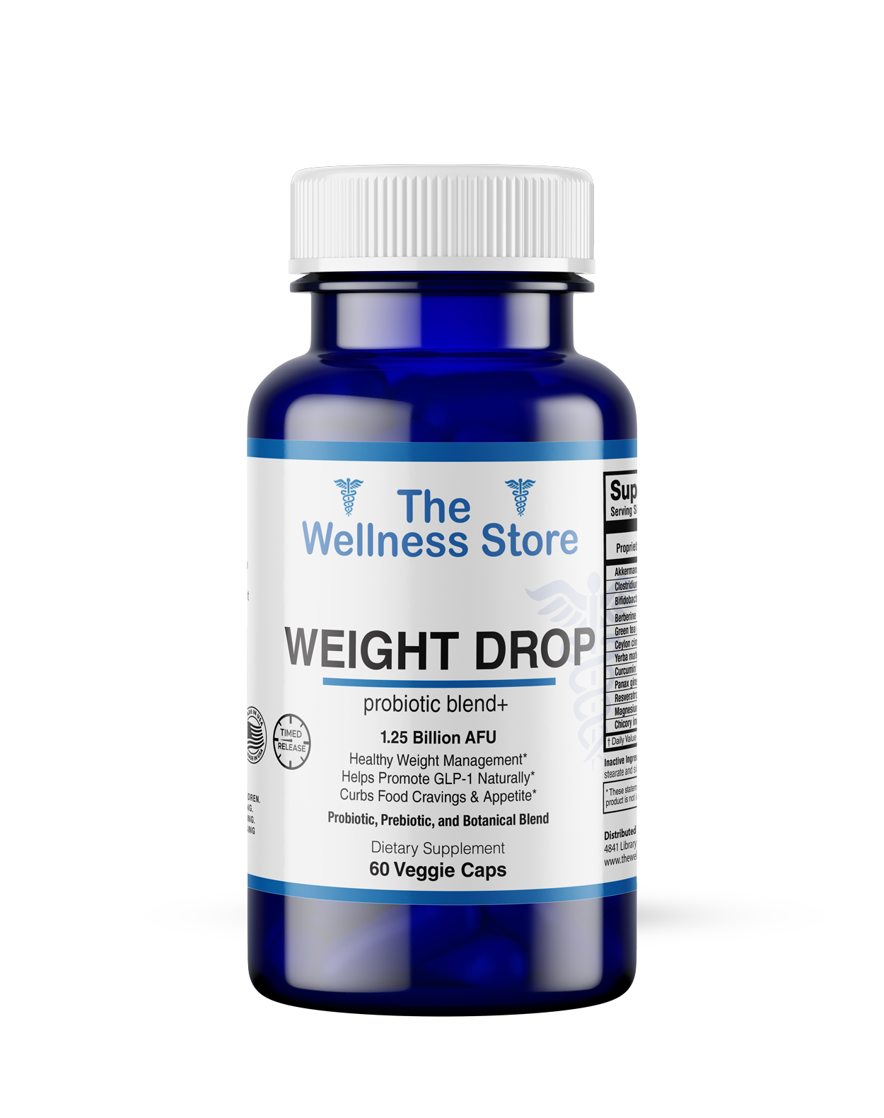 Bottle of 'Weight Drop' probiotic blend from The Wellness Store on a white background