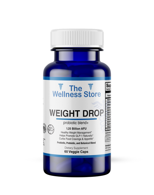 Bottle of 'Weight Drop' probiotic blend from The Wellness Store on a white background