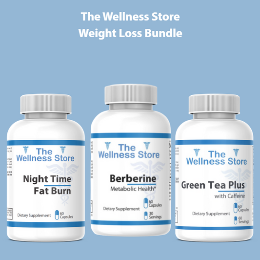Three bottles of The Wellness Store weight loss bundle on a blue background