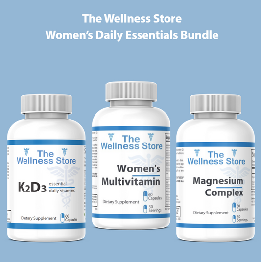 Three supplement bottles labeled 'K2D3', 'Women's Multivitamin', and 'Magnesium Complex' from 'The Wellness Store' on a blue background.