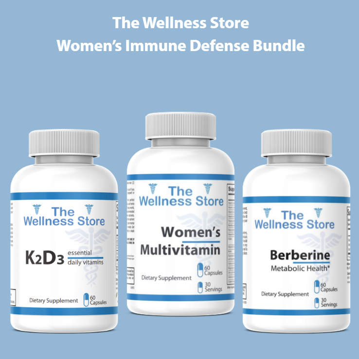 Three supplement bottles from 'The Wellness Store' on a blue background