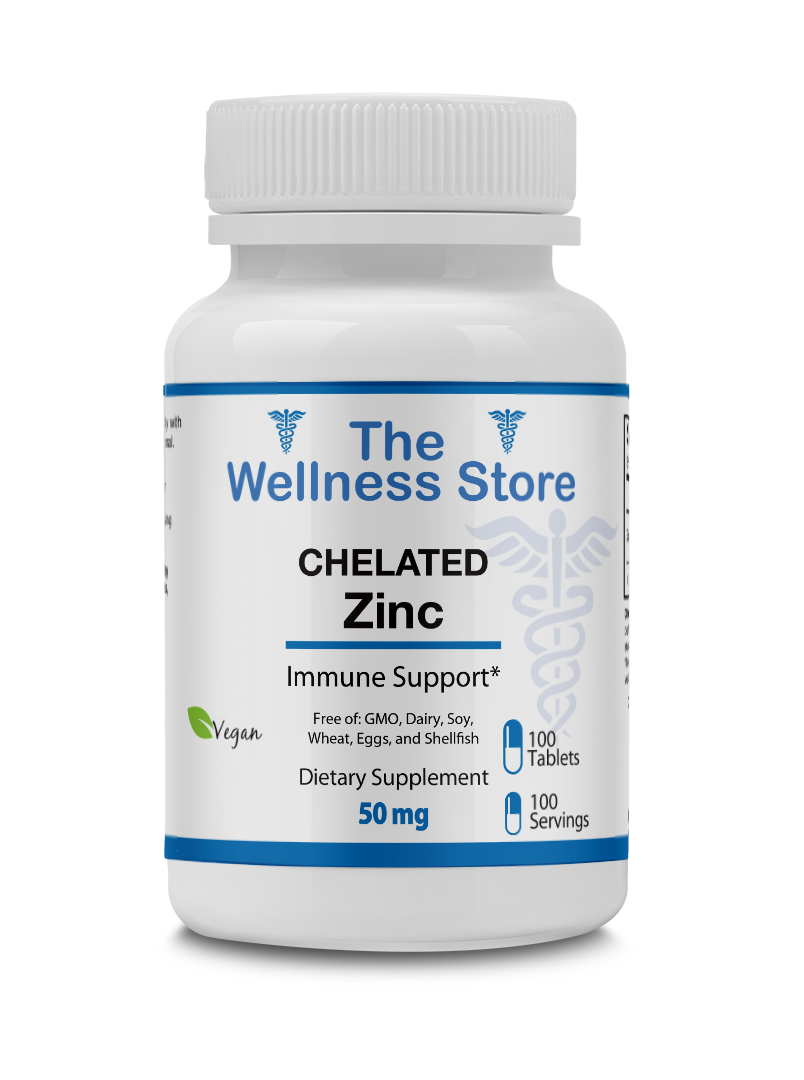 Bottle of The Wellness Store Chelated Zinc supplement on a white background
