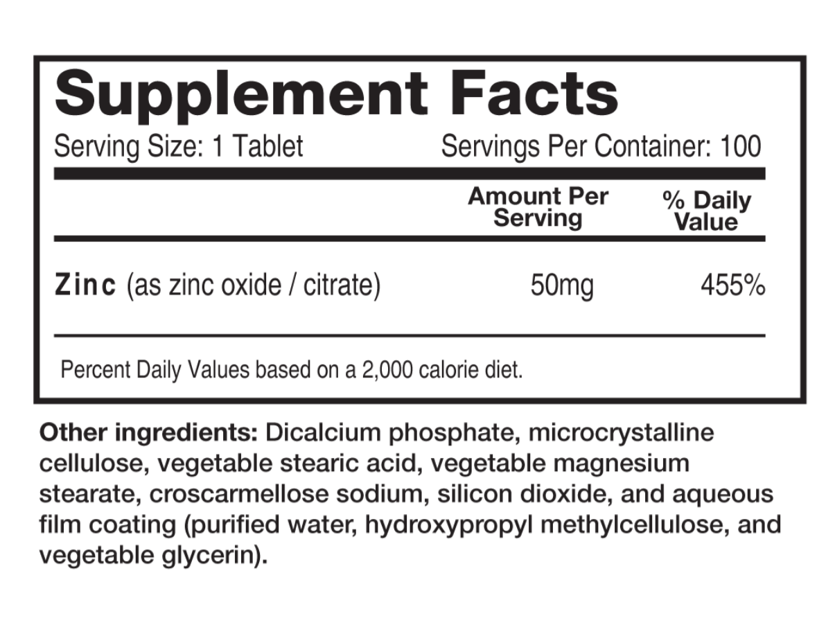 Supplement facts label with zinc content on a white background