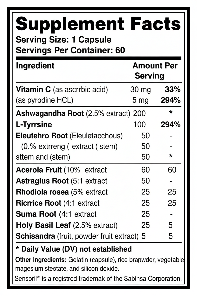 Adrenal Support Complex supplement facts showing ashwagandha rhodiola holy basil and adaptogen herbal formula ingredients