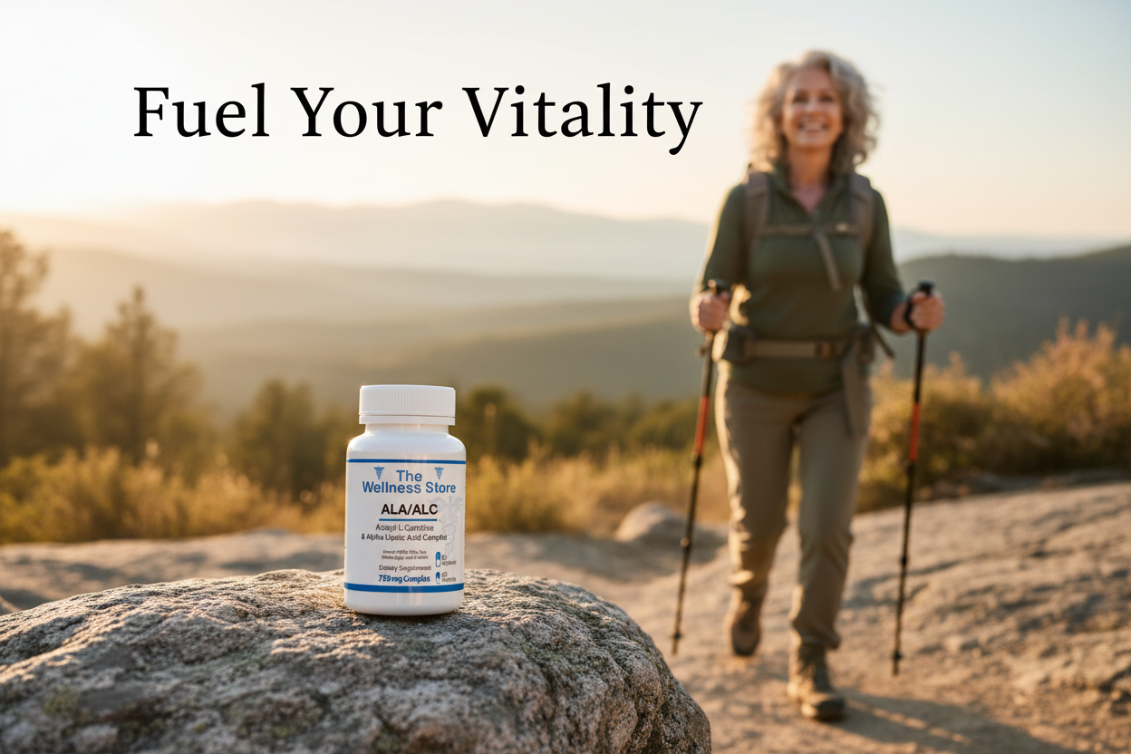 Active senior hiking showing cellular energy vitality and mitochondrial support with ALA ALC supplement