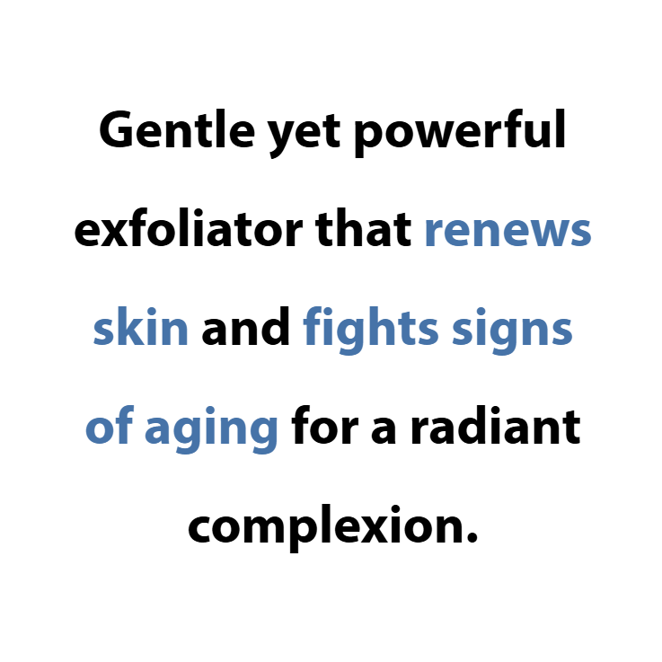 Text describing an exfoliator for skin renewal and aging signs on a white background