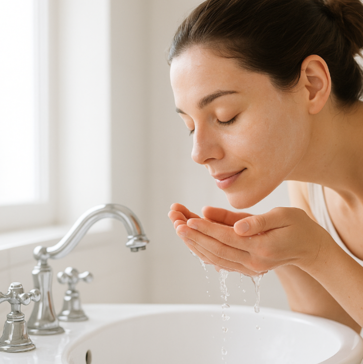 Woman washing her face with water from a faucet in a bathroom setting