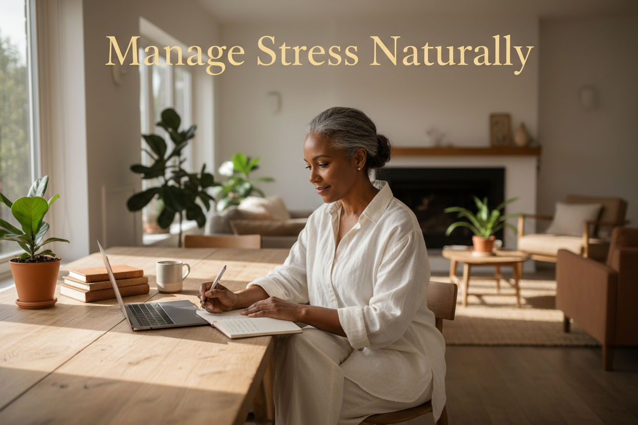 Person working calmly from home showing natural stress management using ashwagandha adaptogen supplement support