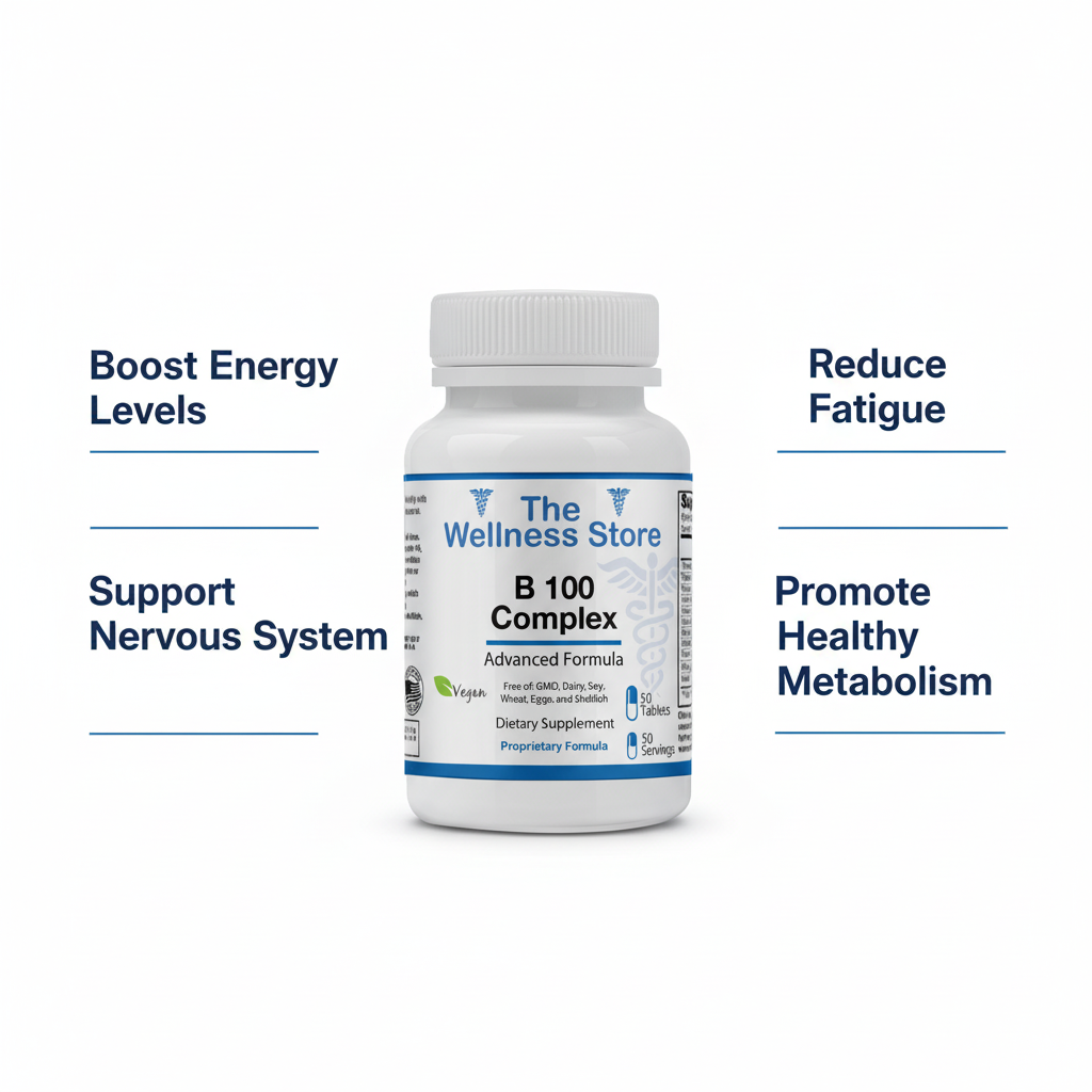 The Wellness Store B 100 Complex supplement displaying key benefits: boost energy levels, support nervous system, reduce fatigue, and promote healthy metabolism