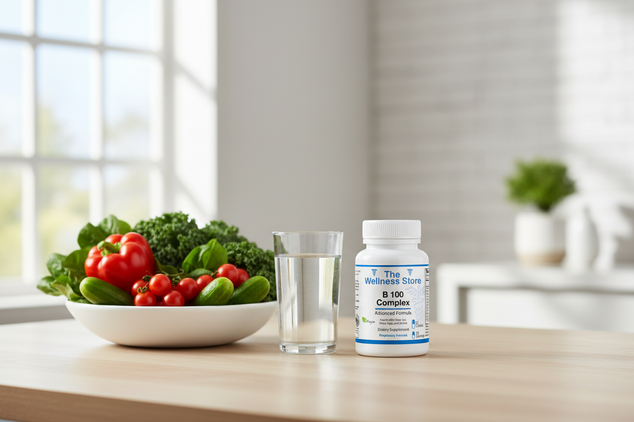 The Wellness Store B 100 Complex supplement bottle with fresh vegetables and water on a wood surface — natural support for energy and vitality