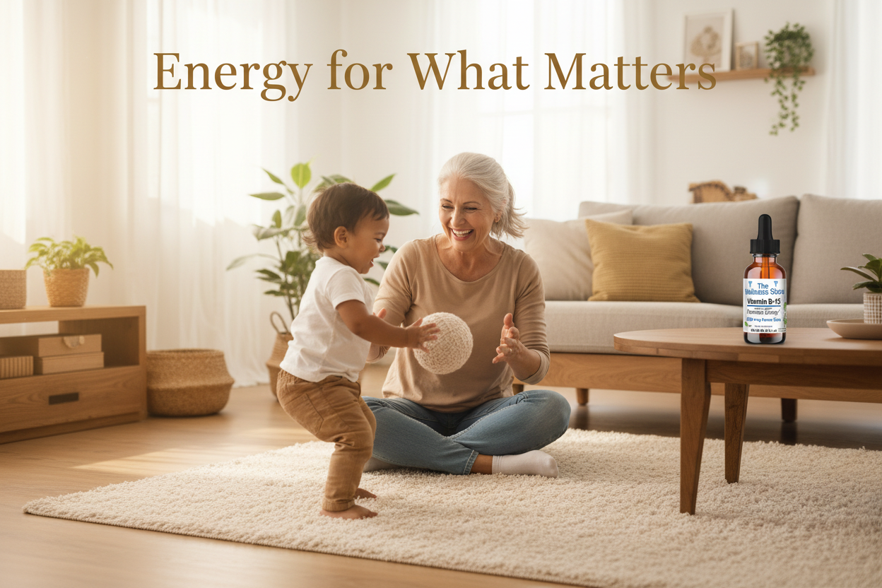Energized grandmother playing with grandchild showing vitamin B-12 energy support for active aging and family moments