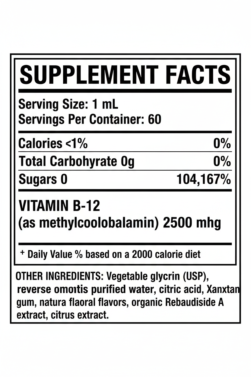 Vitamin B-12 methylcobalamin liquid drops supplement facts showing 2500 mcg per serving