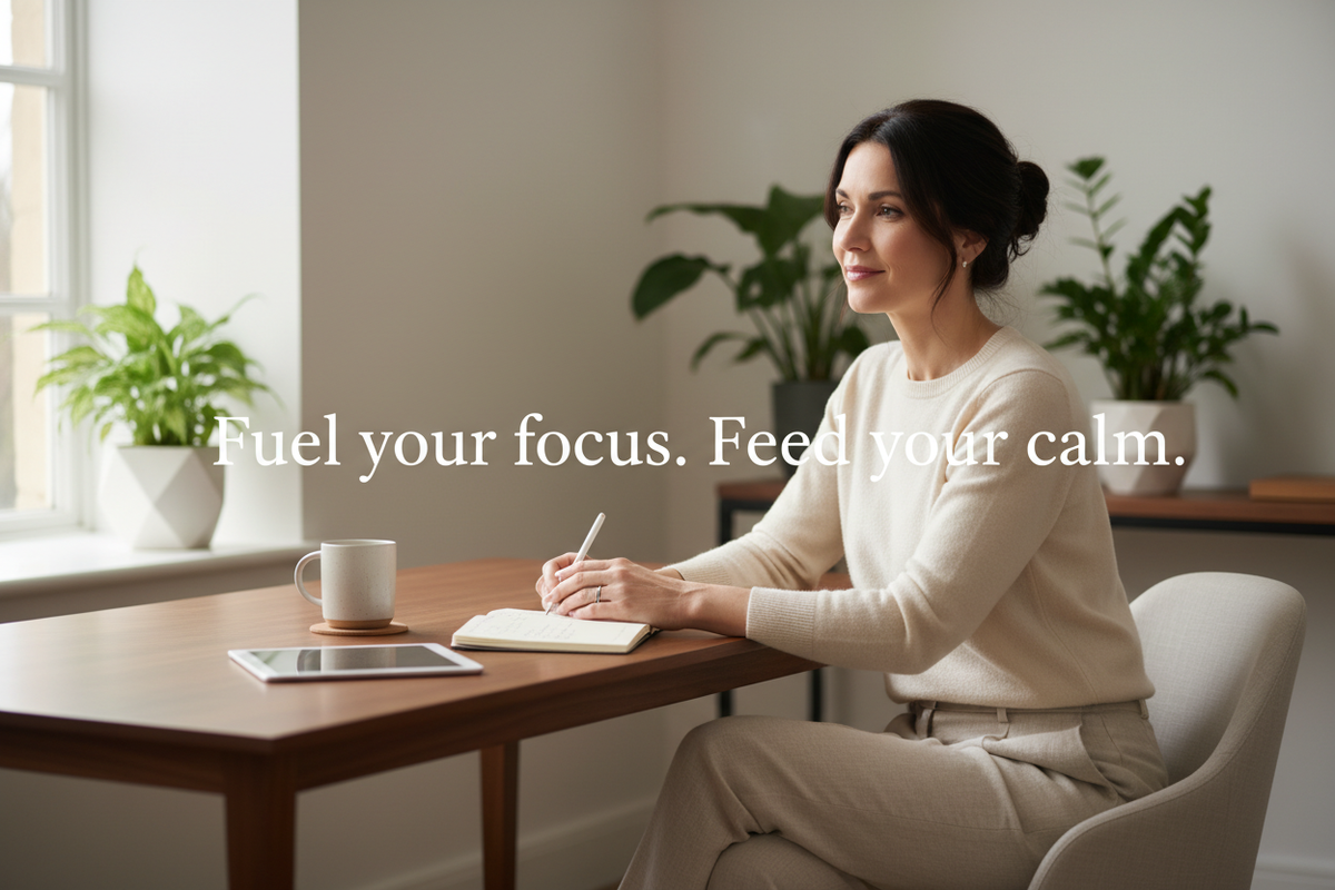Focused calm professional woman in bright modern workspace with text "Fuel your focus. Feed your calm." — B-Complex Plus High-Potency Energy and Stress Support by The Wellness Store