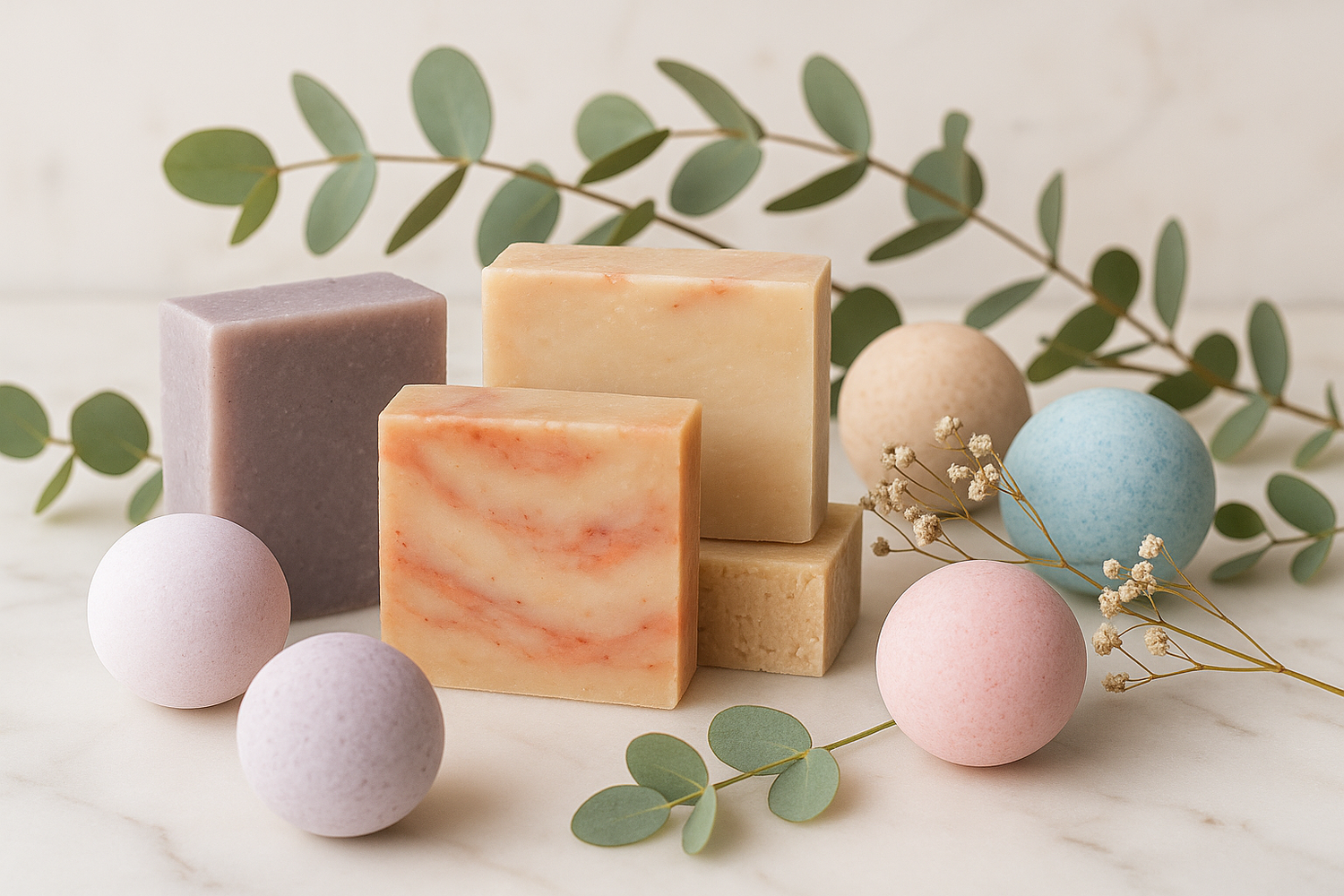 Beautiful spa arrangement featuring three different colored rectangular soap bars including pink/coral marbled, cream, and lavender varieties alongside colorful round bath bombs with fresh botanicals on elegant marble surface