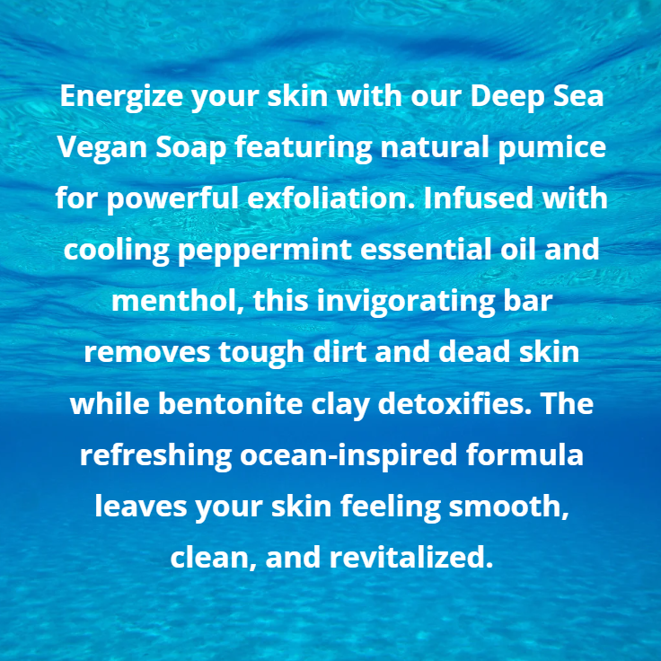 Promotional text for Deep Sea Vegan Soap with ocean wave background