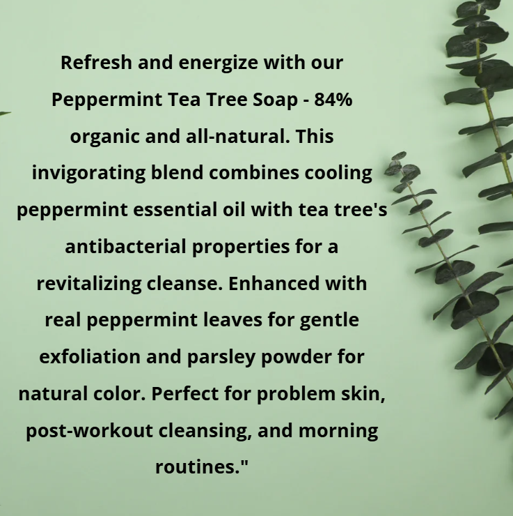 Product description of Peppermint Tea Tree Soap with text on a green background
