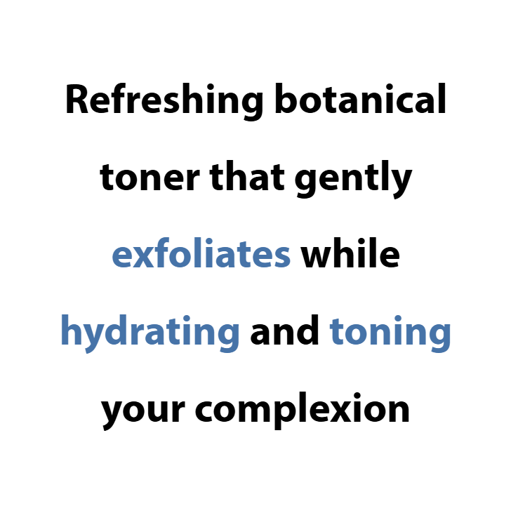 Text describing a refreshing botanical toner on a white background