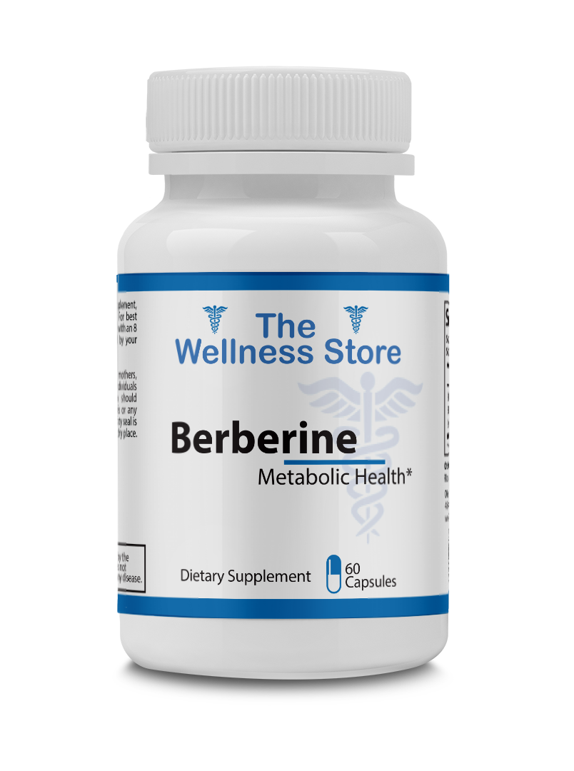 Supplement bottle labeled 'Berberine' from 'The Wellness Store' on a white background