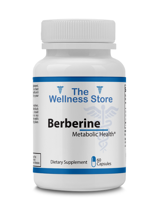 Supplement bottle labeled 'Berberine' from 'The Wellness Store' on a white background