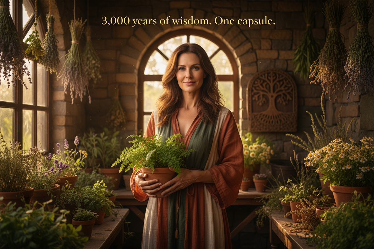 Serene strong woman in warm earthy botanical setting radiating timeless vitality with text "3,000 years of wisdom. One capsule." — Black Seed Oil 500mg Overall Health and Immune Support by The Wellness Store