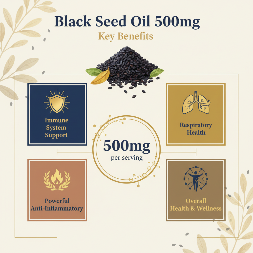 Black Seed Oil 500mg key benefits - Immune system support, powerful anti-inflammatory, respiratory health, 500mg per serving, overall health and wellness