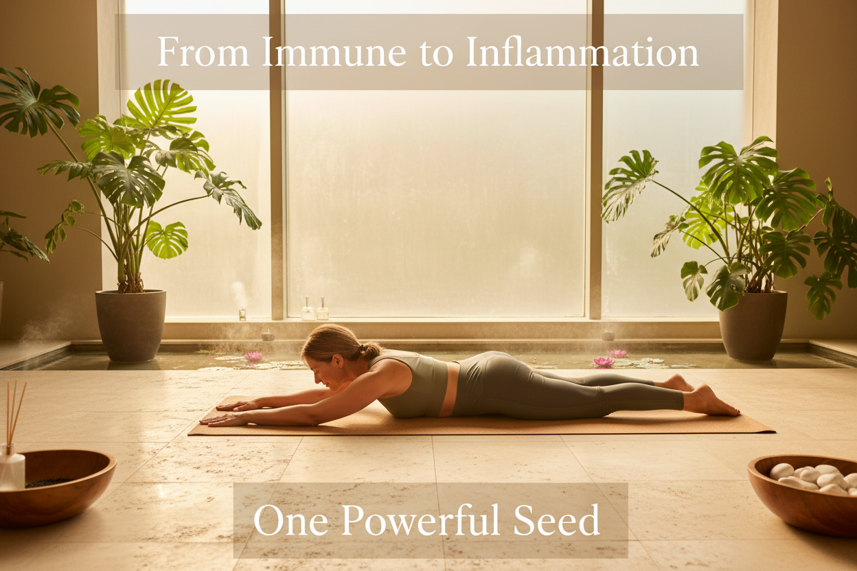 Person practicing yoga in peaceful wellness setting - Black Seed Oil supports immune health and reduces inflammation naturally