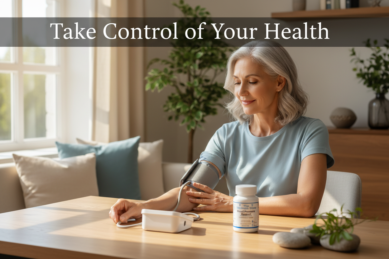 Person checking blood pressure monitor at home showing proactive cardiovascular health management and blood pressure support