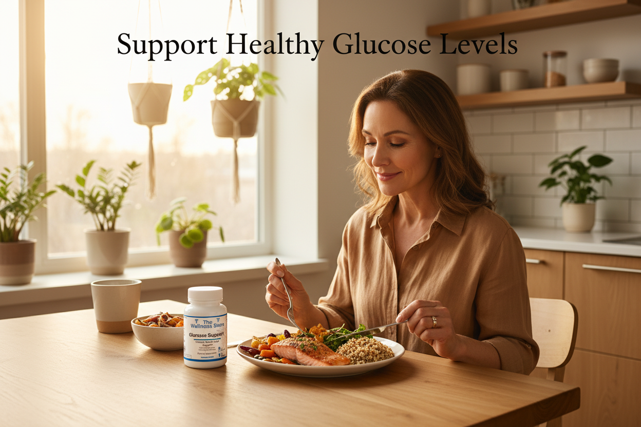 Person eating balanced healthy meal with vegetables and whole foods for blood sugar glucose support and metabolic wellness