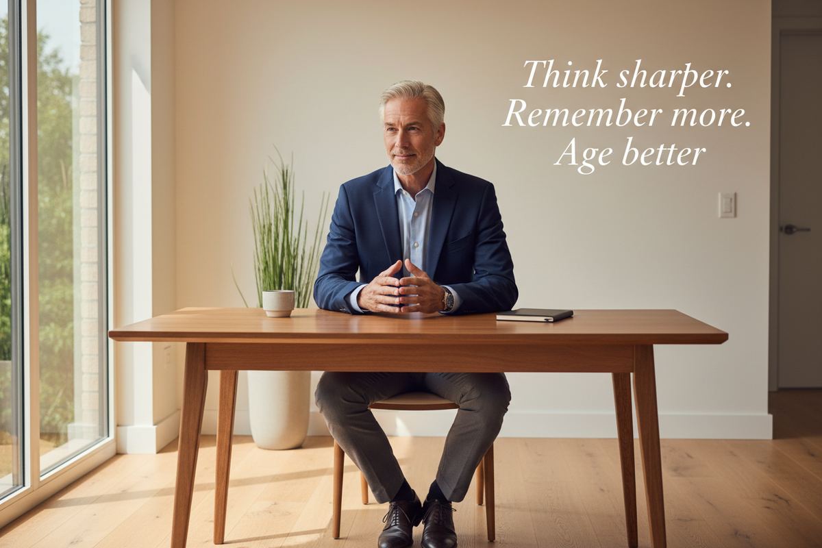 Distinguished man in his 60s at desk with text "Think sharper. Remember more. Age better." — Brain & Cognitive Performance Bundle by The Wellness Store
