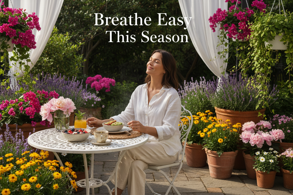 Person enjoying outdoor breakfast on a patio surrounded by flowering plants, looking comfortable and relaxed