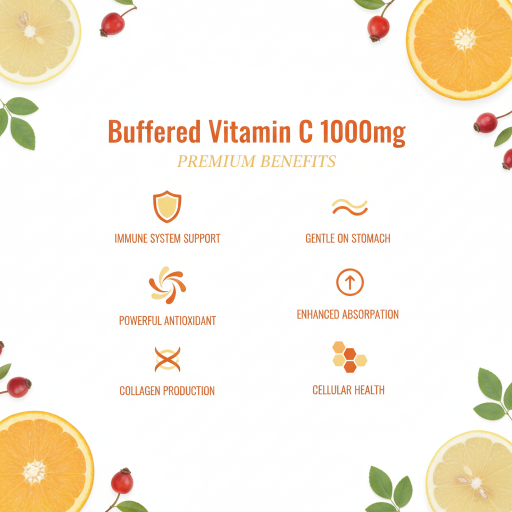 Buffered Vitamin C 1000mg benefits - immune support, antioxidant protection, gentle stomach-friendly formula with bioflavonoids - The Wellness Store