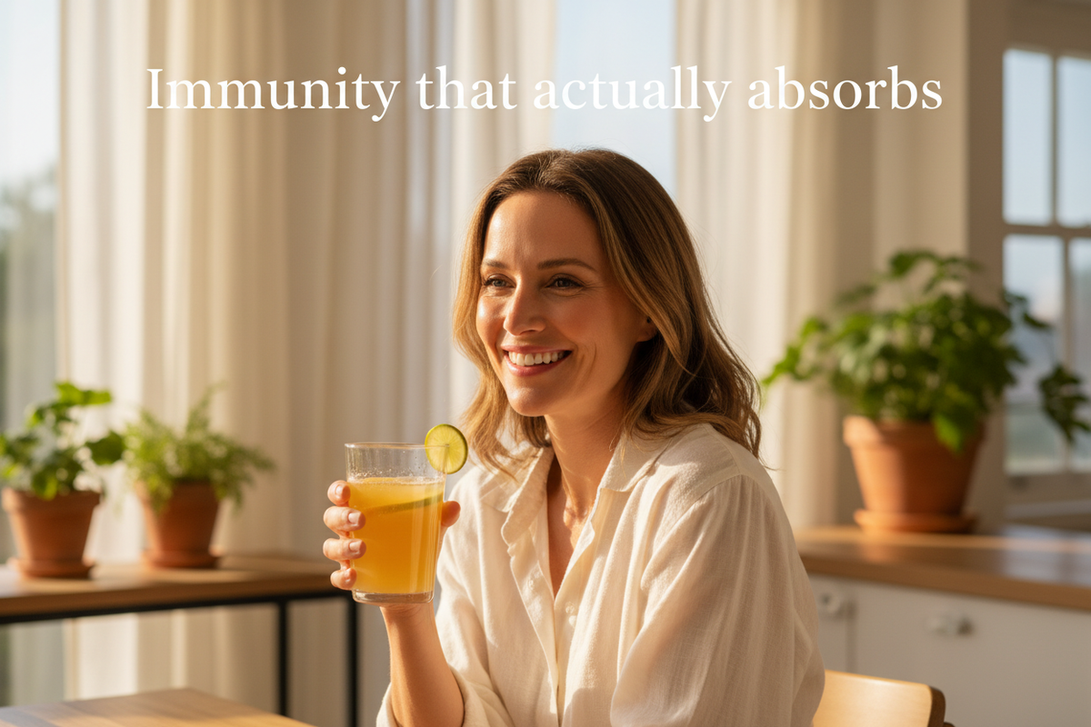 Radiant glowing woman in bright sunlit setting with text "Immunity that actually absorbs." — Buffered Vitamin C Complex 1000mg with Calcium Citrus Bioflavonoids and Rose Hips by The Wellness Store.