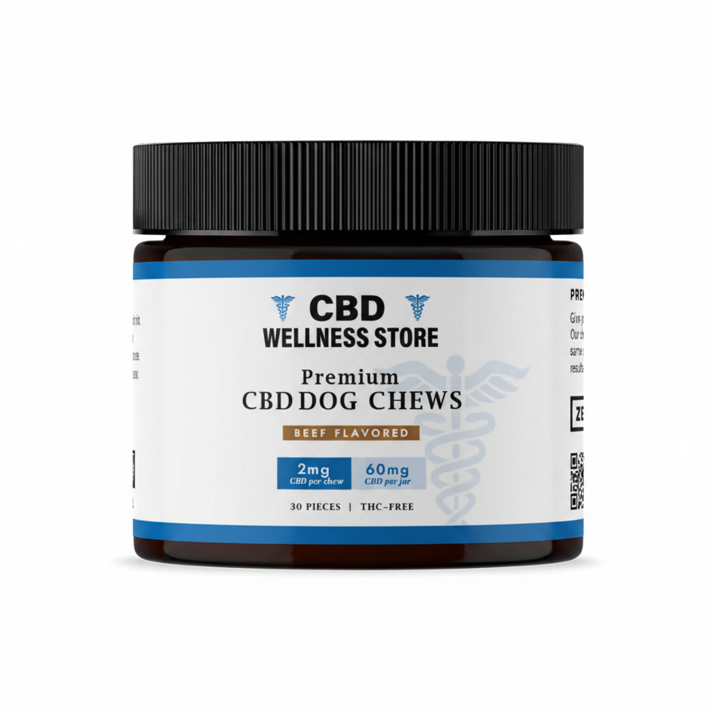 Beef CBD Dog Chews Jar with a white background